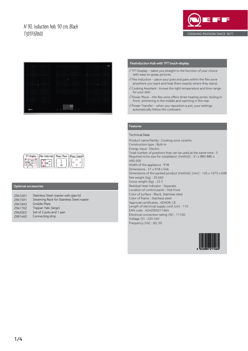 Page 1 de la notice Fiche technique Neff T59TF6RN0