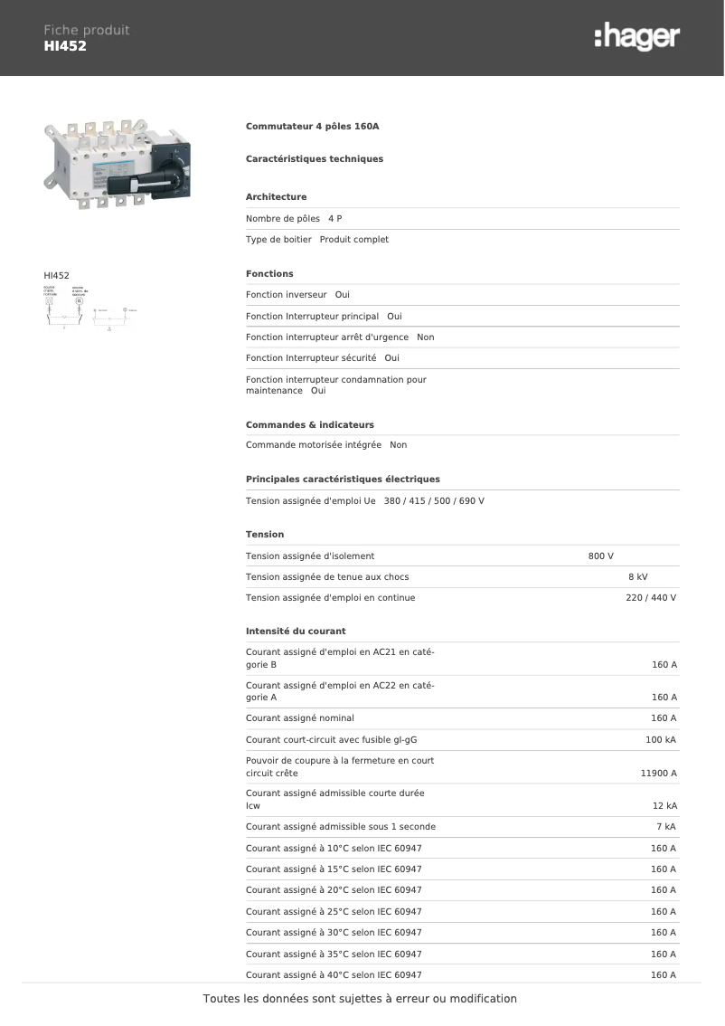 Page 1 de la notice Fiche technique Hager HI452