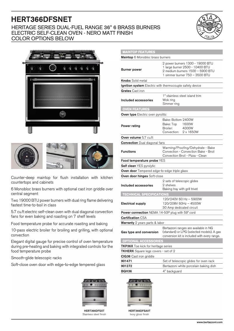 Page 1 de la notice Fiche technique Bertazzoni HERT366DFSNET