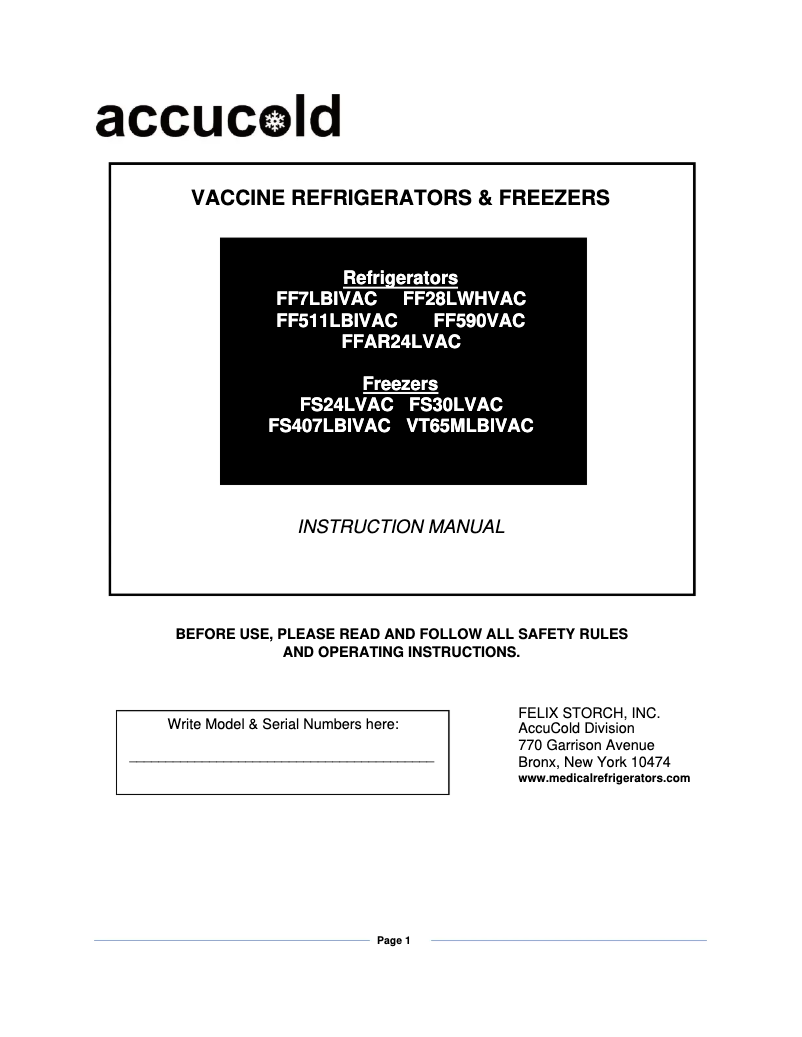 Page 1 de la notice Manuel utilisateur Accucold FF28LWHVAC