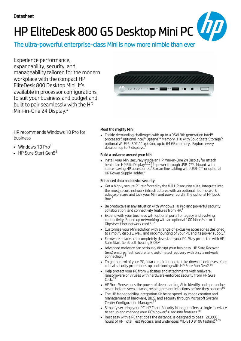 Page 1 de la notice Fiche technique HP EliteDesk 800 G5