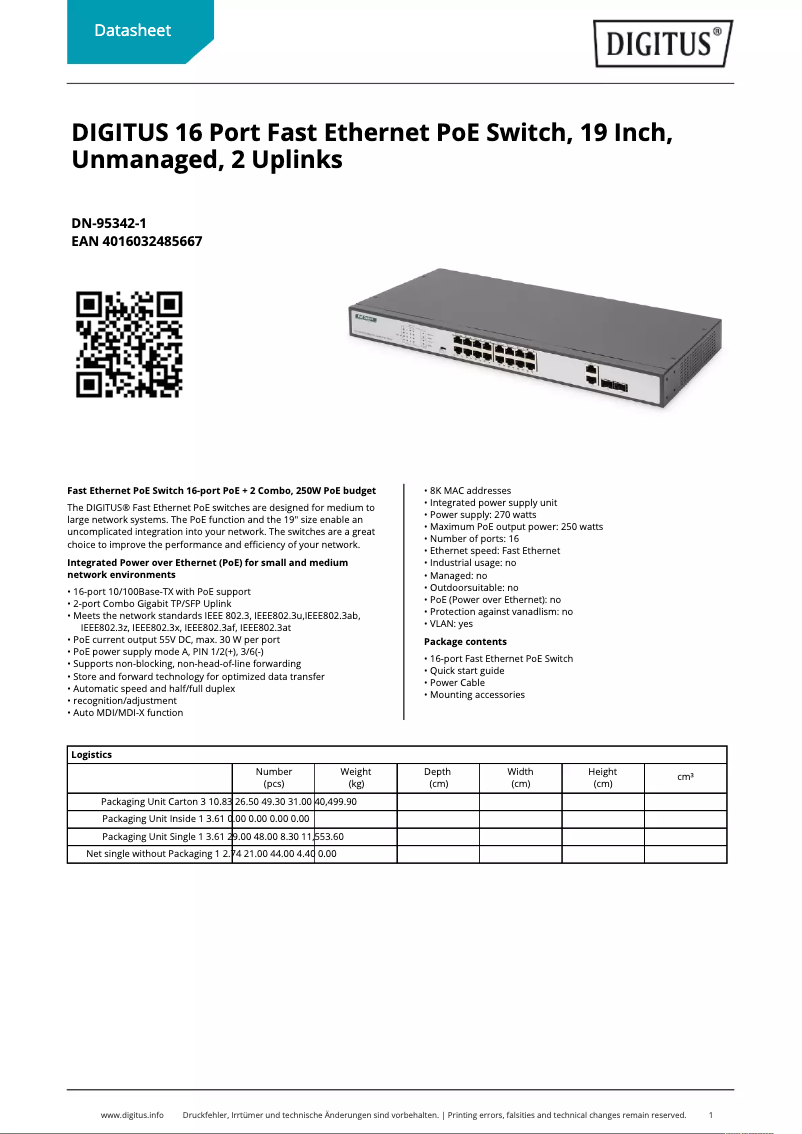 Page 1 de la notice Fiche technique Digitus DN-95342-1