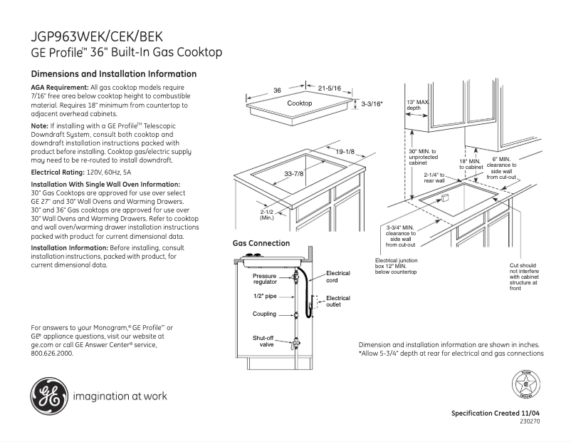 Page 1 of the manual Technical Sheet GE Profile JGP963BEKBB