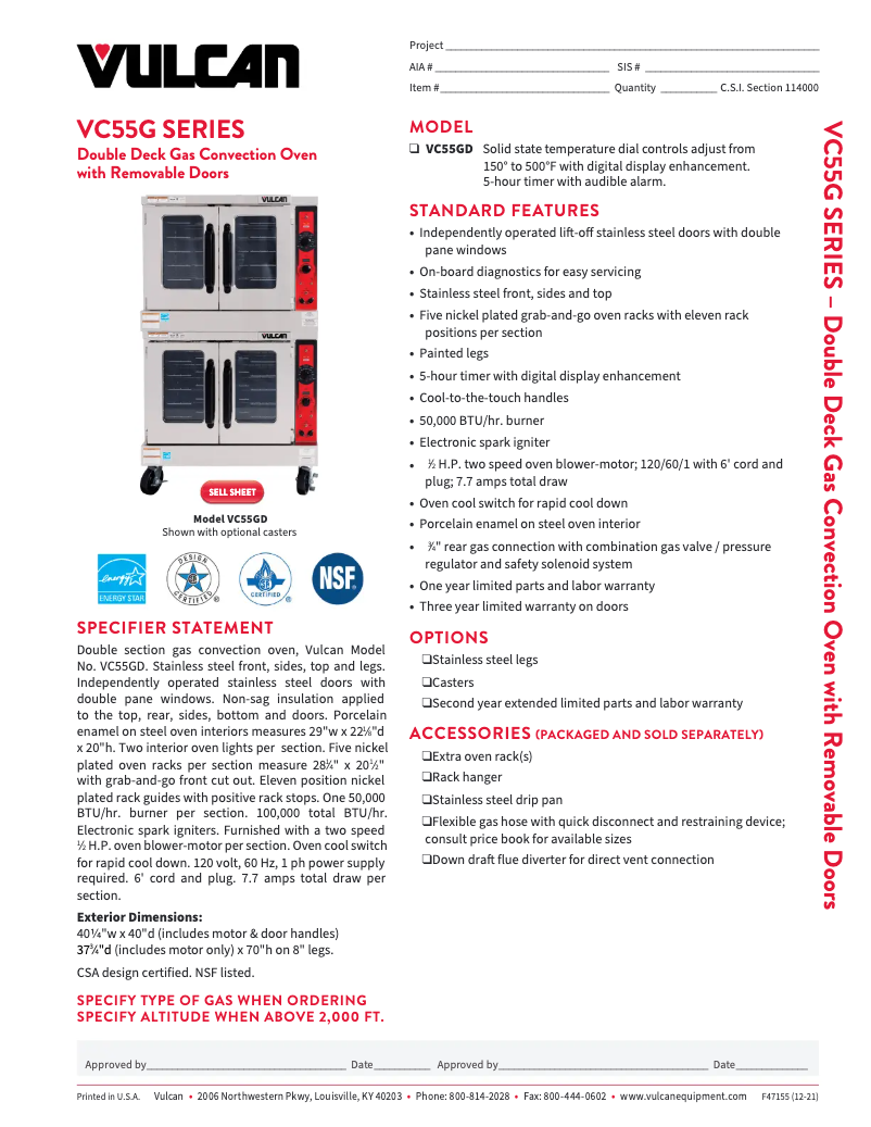 Página 1 del manual Ficha técnica Vulcan VC55GD