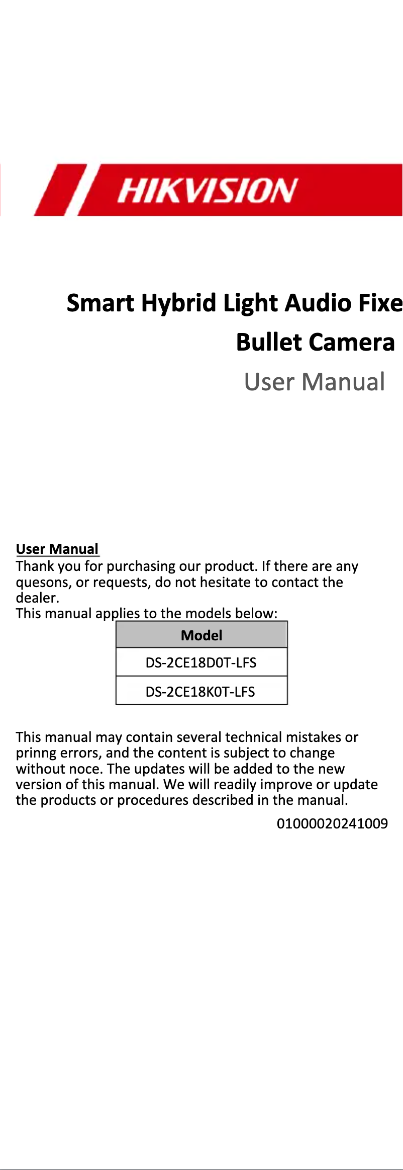 Image de la première page du manuel de l'appareil DS-2CE18K0T-LFS