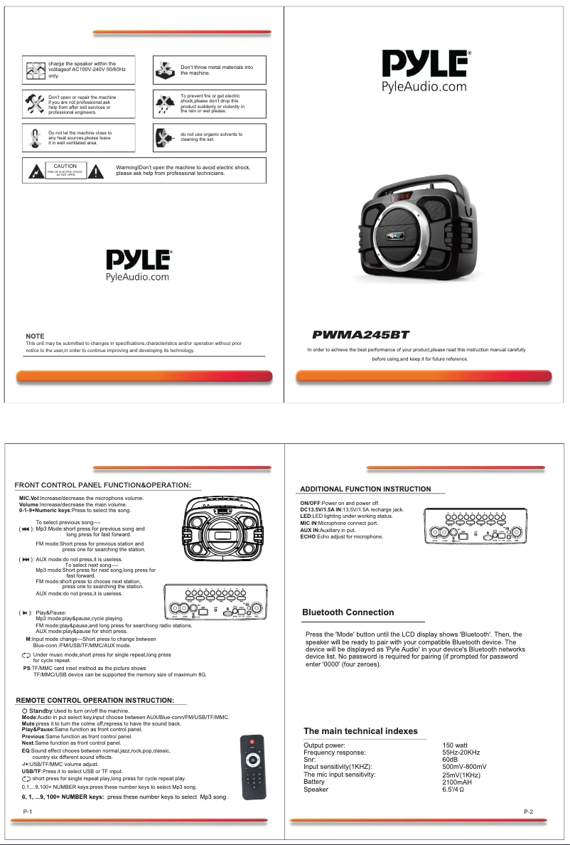 Page n°1 - Manuel utilisateur Pyle PWMA245BT
