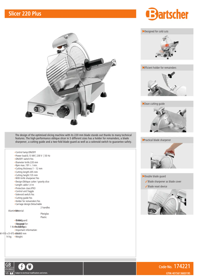 Page n°1 - Fiche technique Bartscher 174221