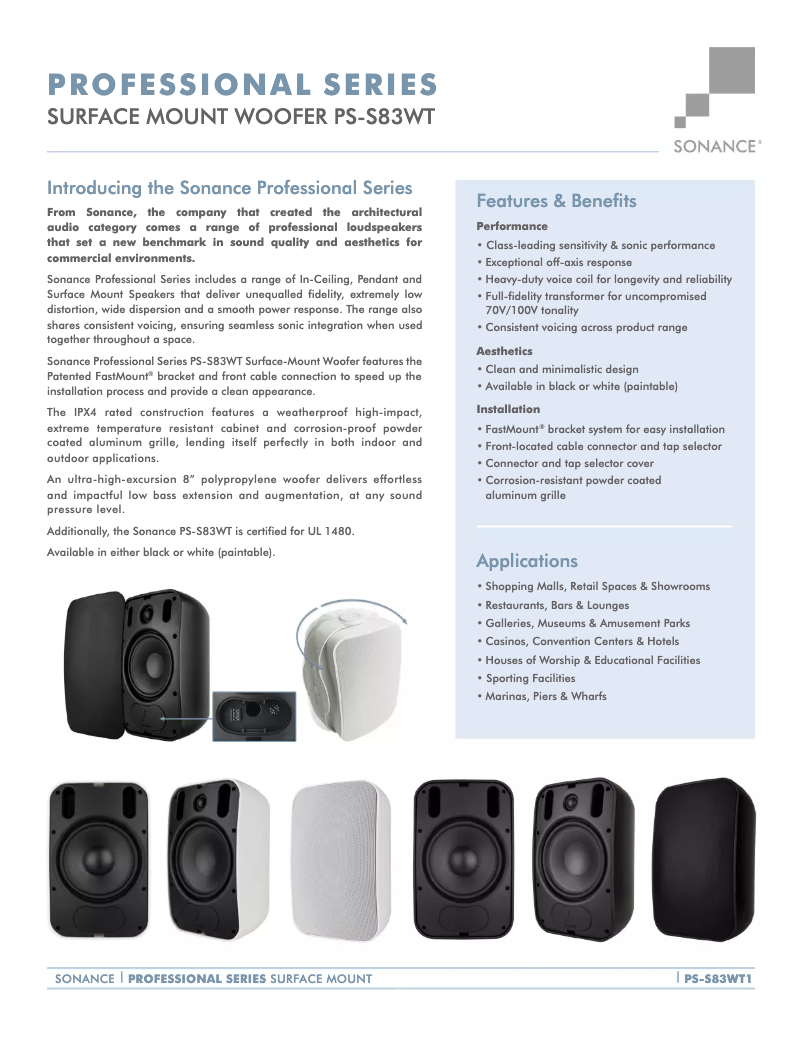 Page 1 de la notice Fiche technique Sonance Professional PS-S83T