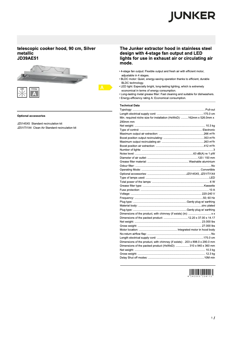 Page n°1 - Fiche technique Junker JD39AE51