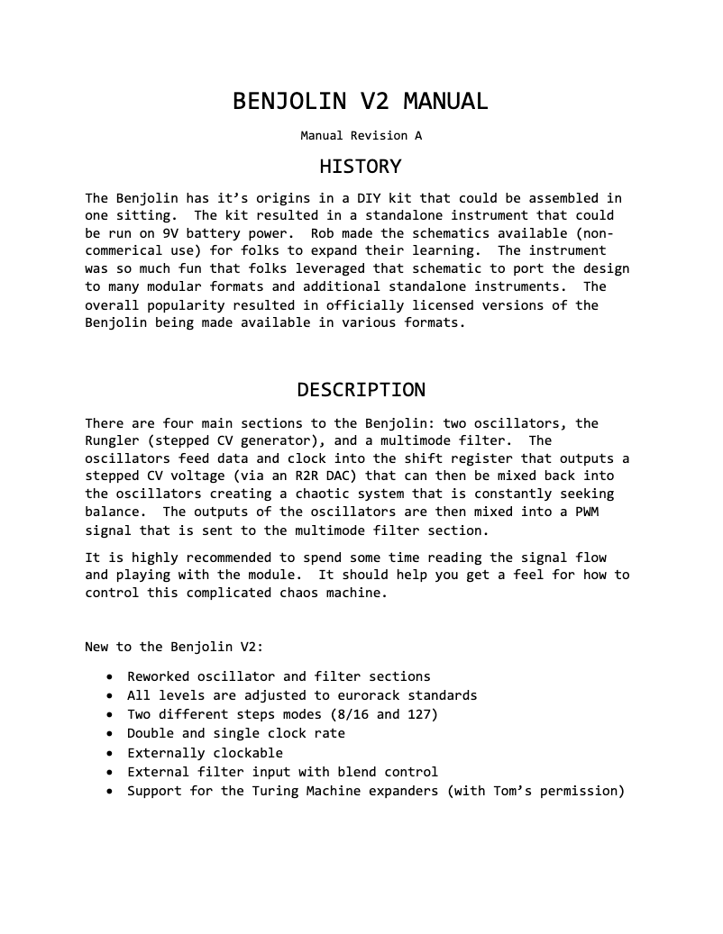 Page 1 de la notice Manuel utilisateur After Later Audio Benjolin V2