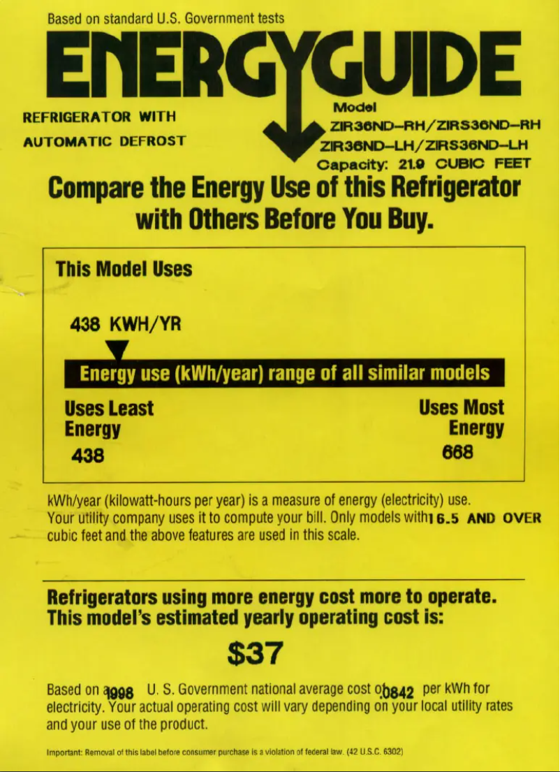 Página 1 del manual Etiqueta energética GE ZIR36NDLH