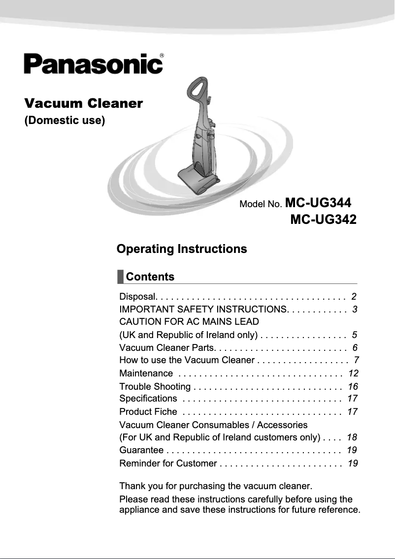 Page 1 de la notice Manuel utilisateur Panasonic MC-UG342
