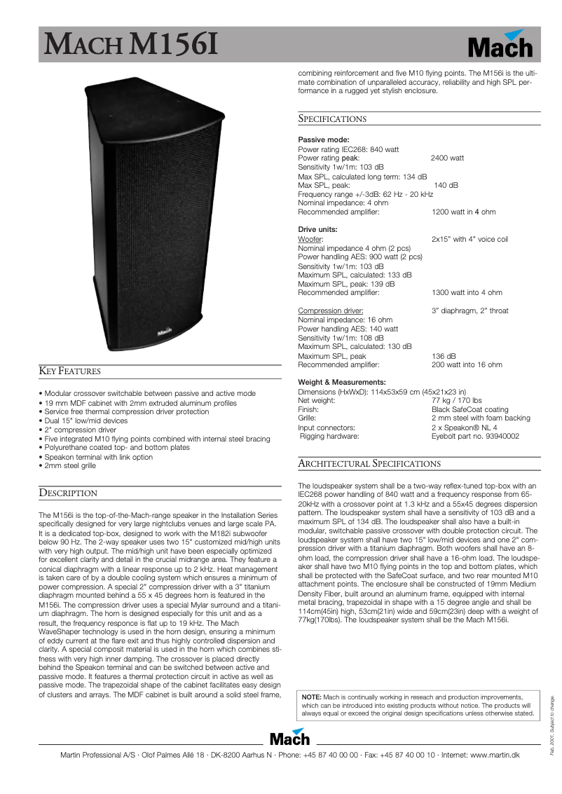 Página 1 del manual Ficha técnica Martin M156i