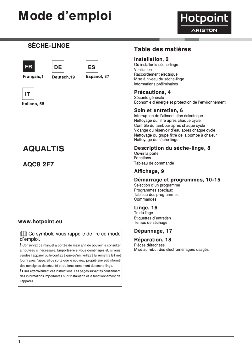 Page 1 de la notice Manuel utilisateur Hotpoint Ariston AQC8 2F7 TM1 (EU)