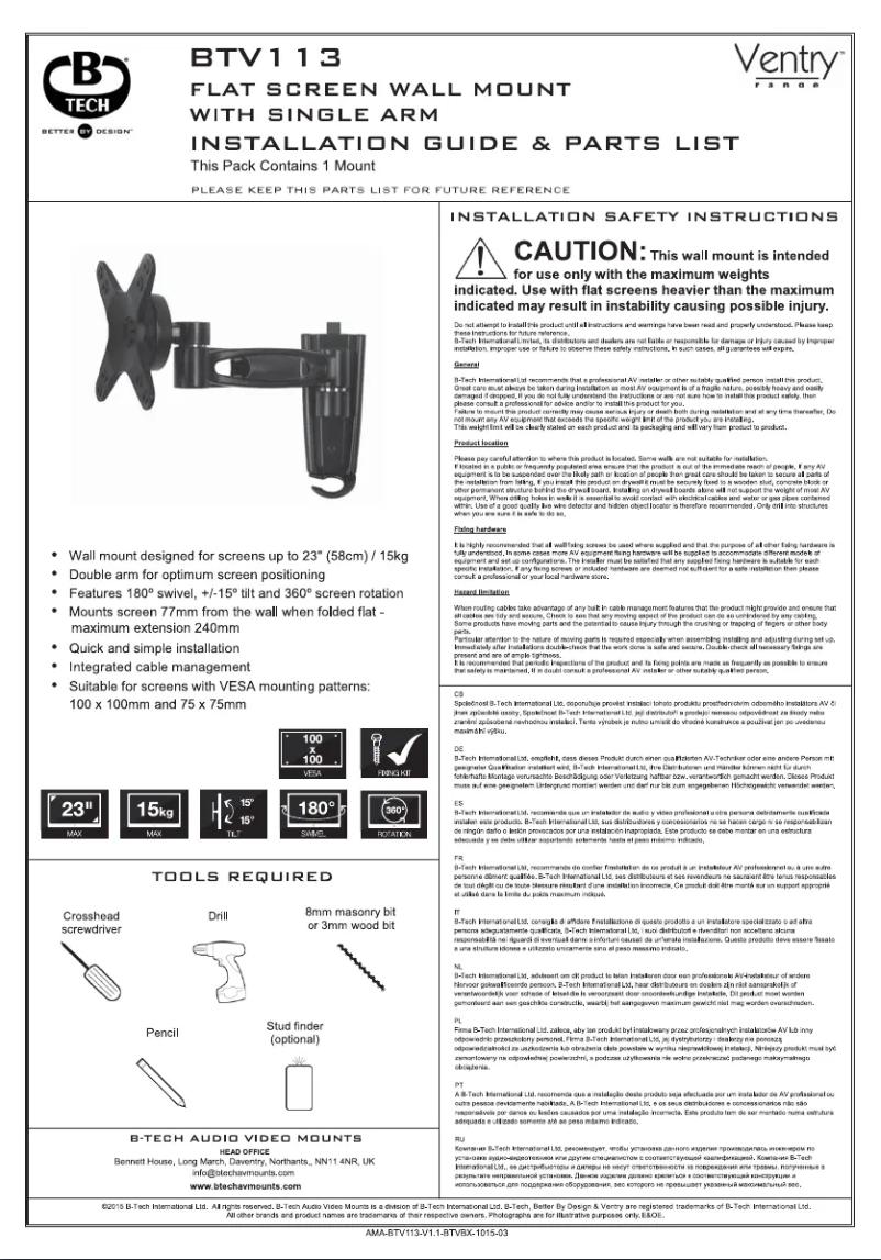 Page n°1 - Manuel utilisateur B-Tech BTV113