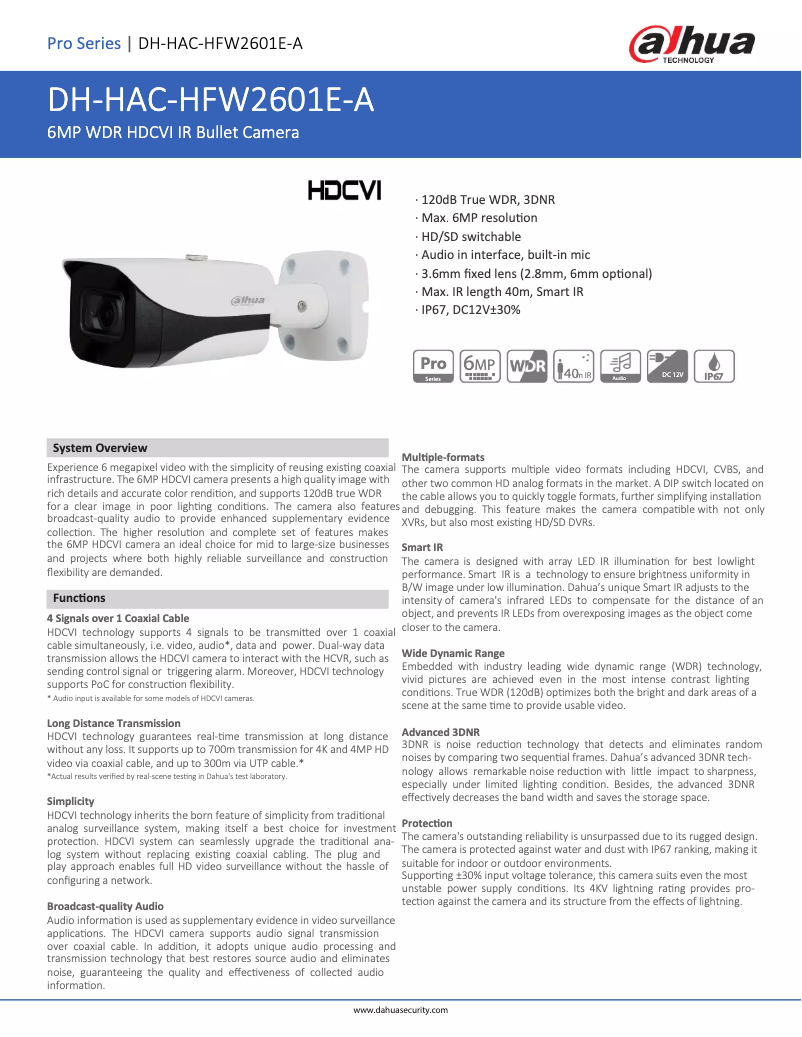 Page 1 de la notice Fiche technique Dahua Technology HAC-HFW2601E-A