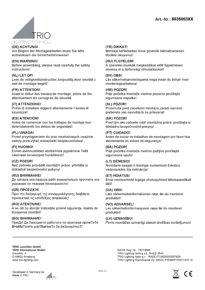 Page n°1 - Manuel utilisateur Trio Lighting Pago 803500331