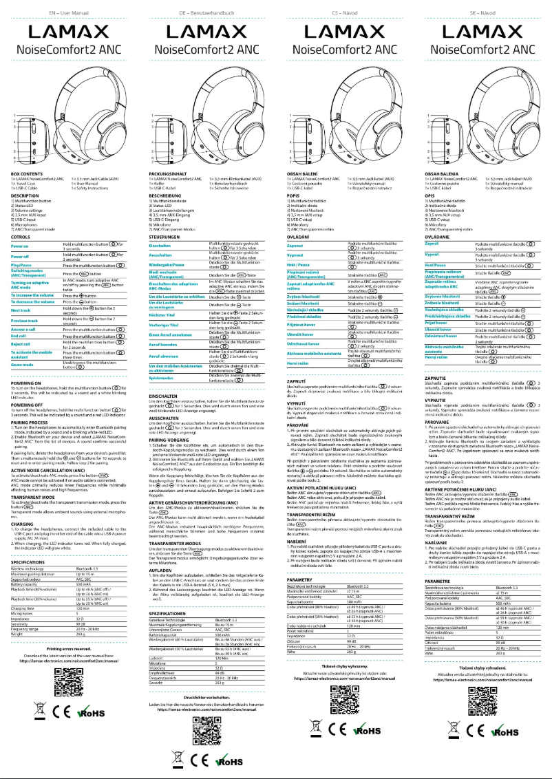 Page 1 de la notice Manuel utilisateur Lamax NoiseComfort2 ANC