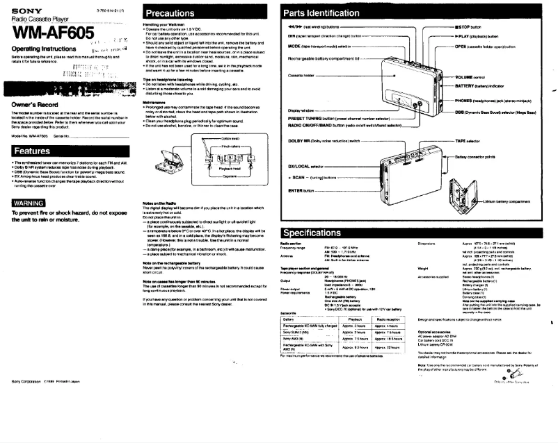 Page 1 de la notice Manuel utilisateur Sony Walkman WM-AF605