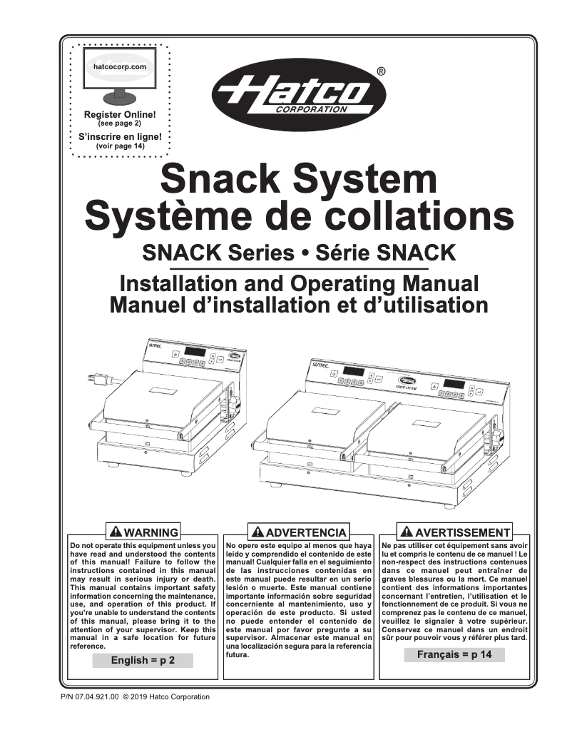 Page n°1 - Manuel utilisateur Hatco SNACK-2