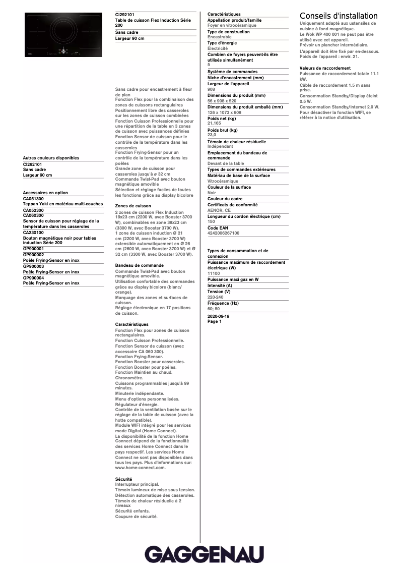 Page 1 de la notice Fiche technique Gaggenau CI292101