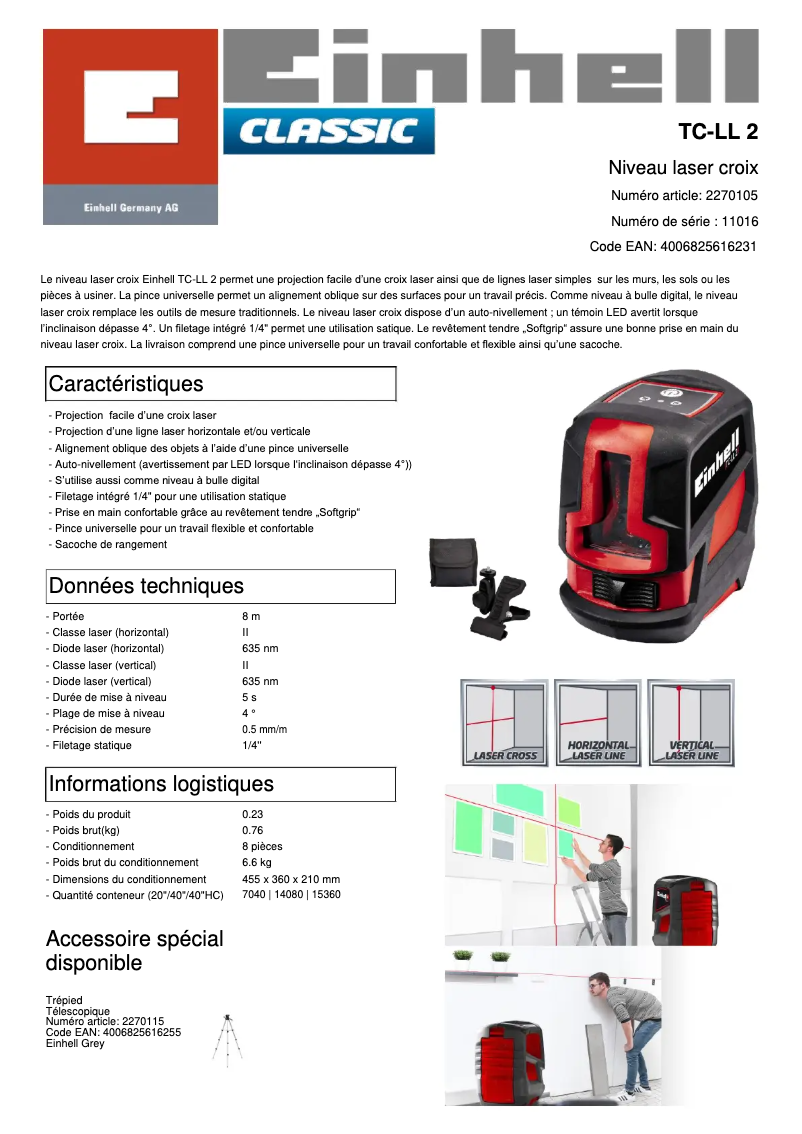 Page 1 de la notice Fiche technique Einhell TC-LL 2
