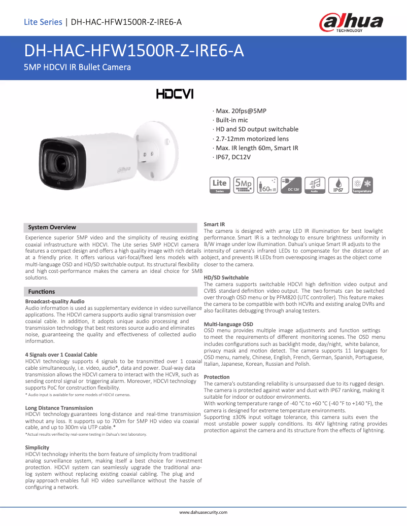 Page n°1 - Fiche technique Dahua Technology HAC-HFW1500R-Z-IRE6-A