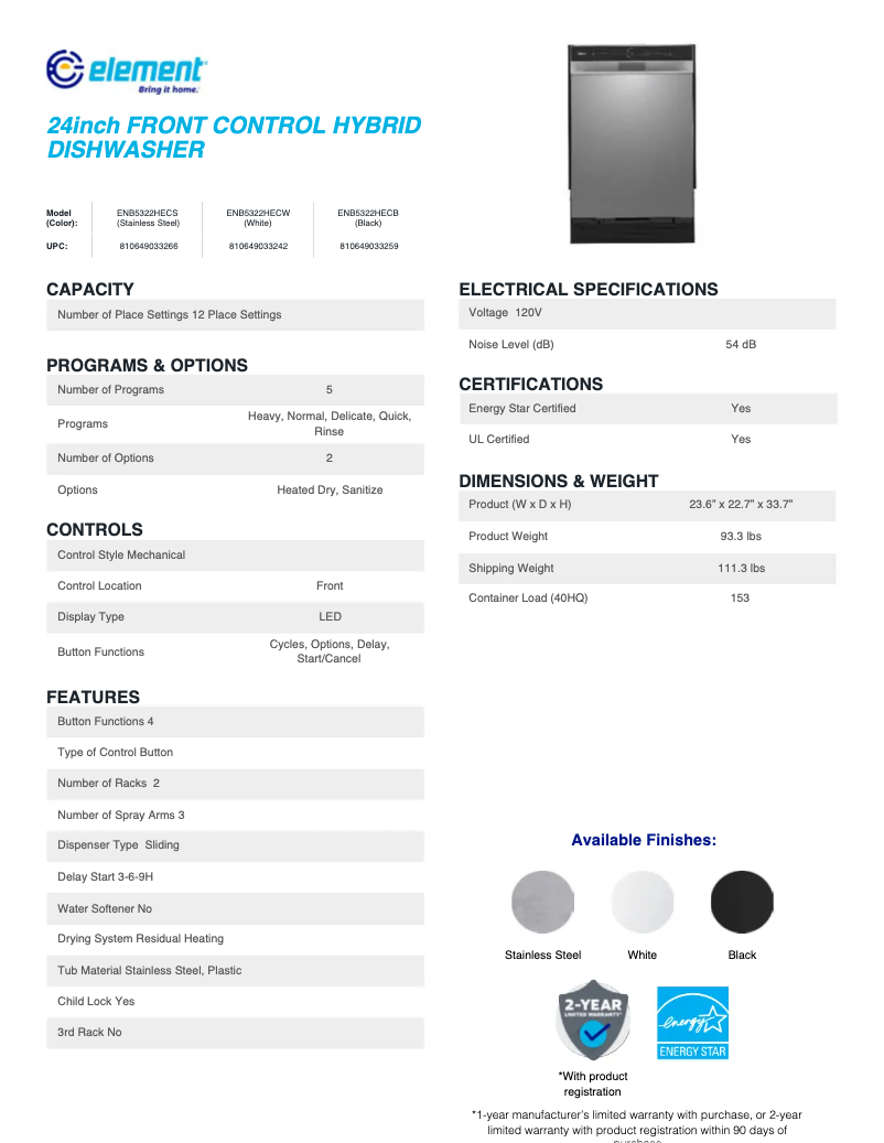 Page n°1 - Fiche technique Element ENB5322HECW