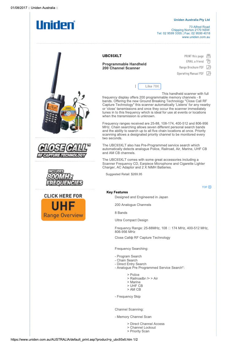 Page 1 de la notice Manuel utilisateur Uniden UBC93XLT