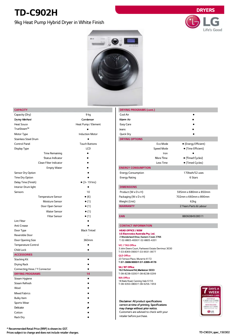 Page n°1 - Fiche technique LG TD-C902H