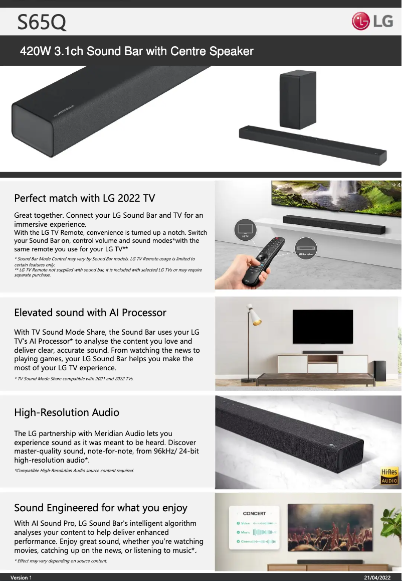 Page 1 de la notice Fiche technique LG S65Q