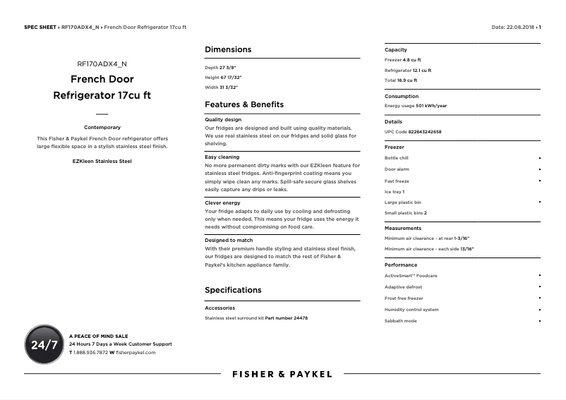 Page 1 de la notice Fiche technique Fisher & Paykel RF170ADX4N