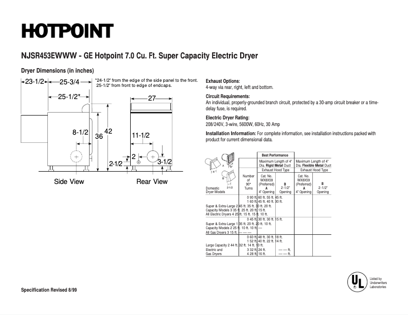 Página 1 del manual Ficha técnica Hotpoint NJSR453EWWW