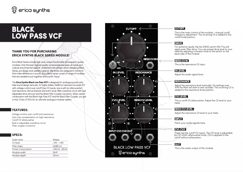 Page 1 de la notice Manuel utilisateur Erica Synths Black Low Pass VCF