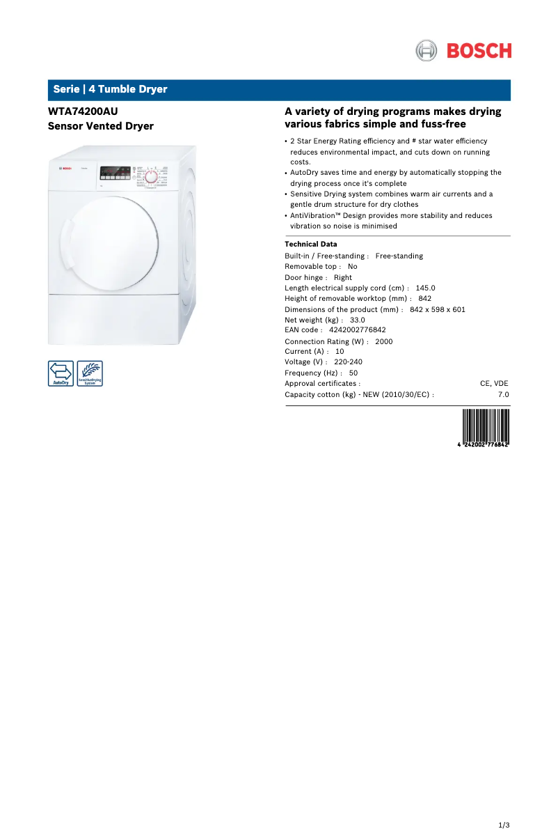 Page 1 de la notice Fiche technique Bosch WTA74200AU