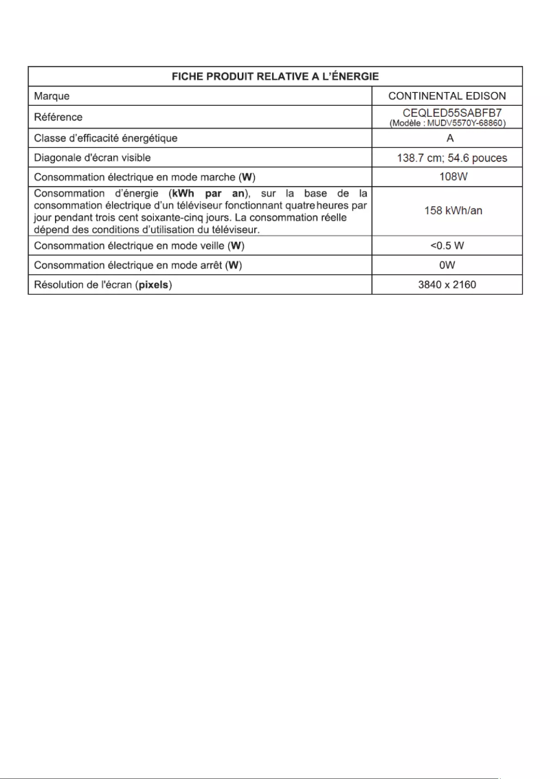 Page n°1 - Label énergétique Continental Edison CEQLED55SABFB7