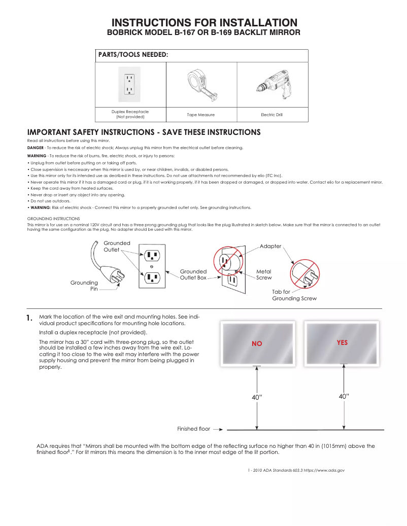 Page n°1 - Manuel utilisateur Bobrick B-167