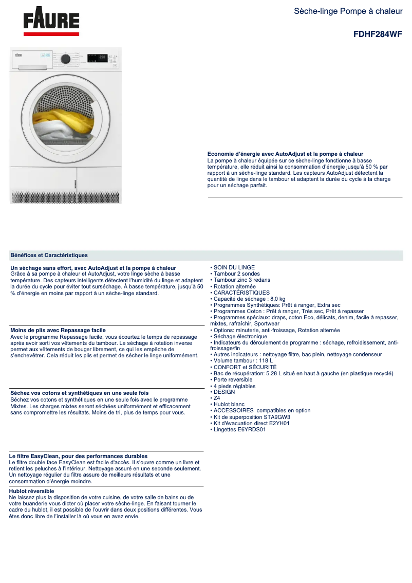 Page 1 de la notice Fiche technique Electrolux FDHF284WF