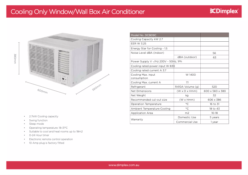 Page 1 de la notice Fiche technique Dimplex DCB09C