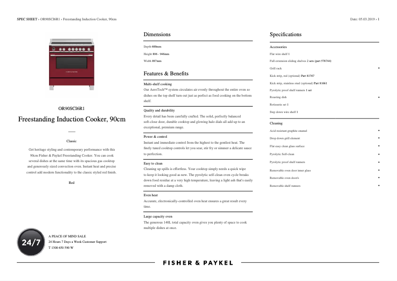 Page 1 de la notice Fiche technique Fisher & Paykel OR90SCI6R1