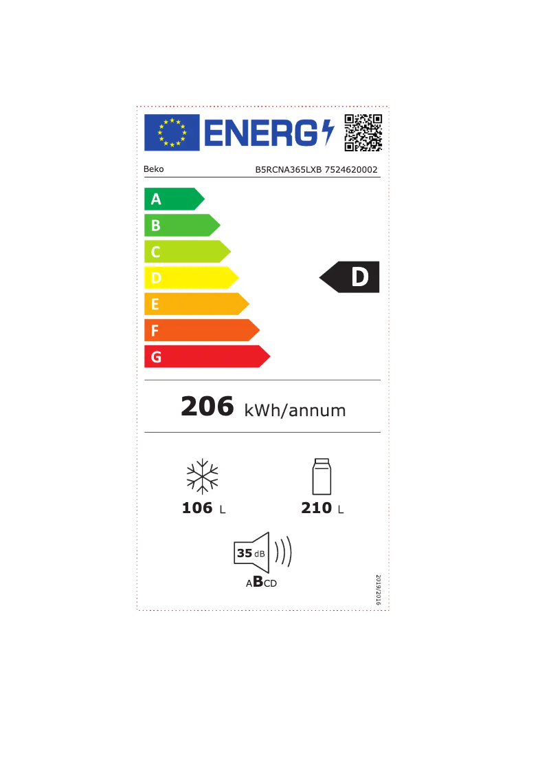 Page 1 de la notice Label énergétique Beko B5RCNA365LXB