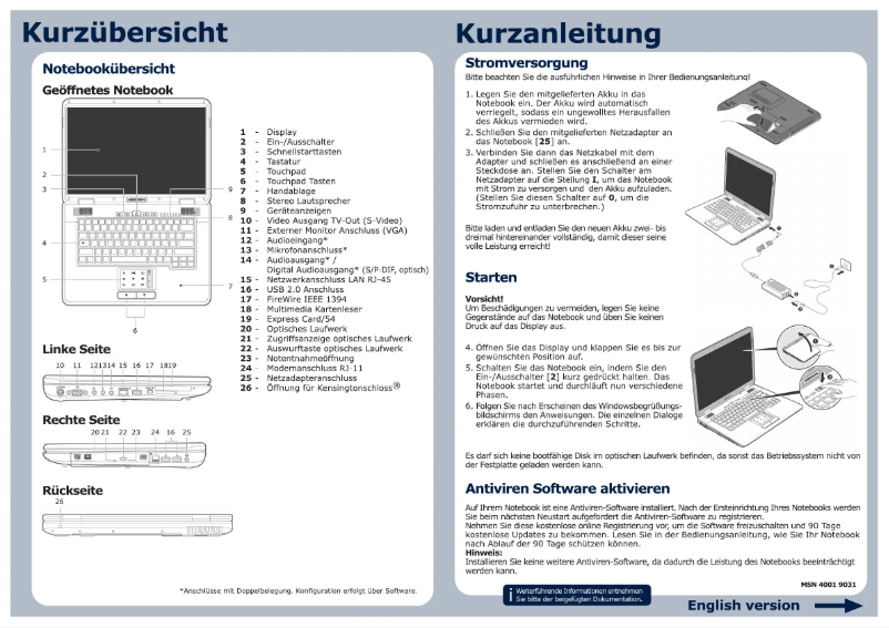 Page 1 de la notice Guide de démarrage rapide Medion AKOYA S6615T (MD 98737)