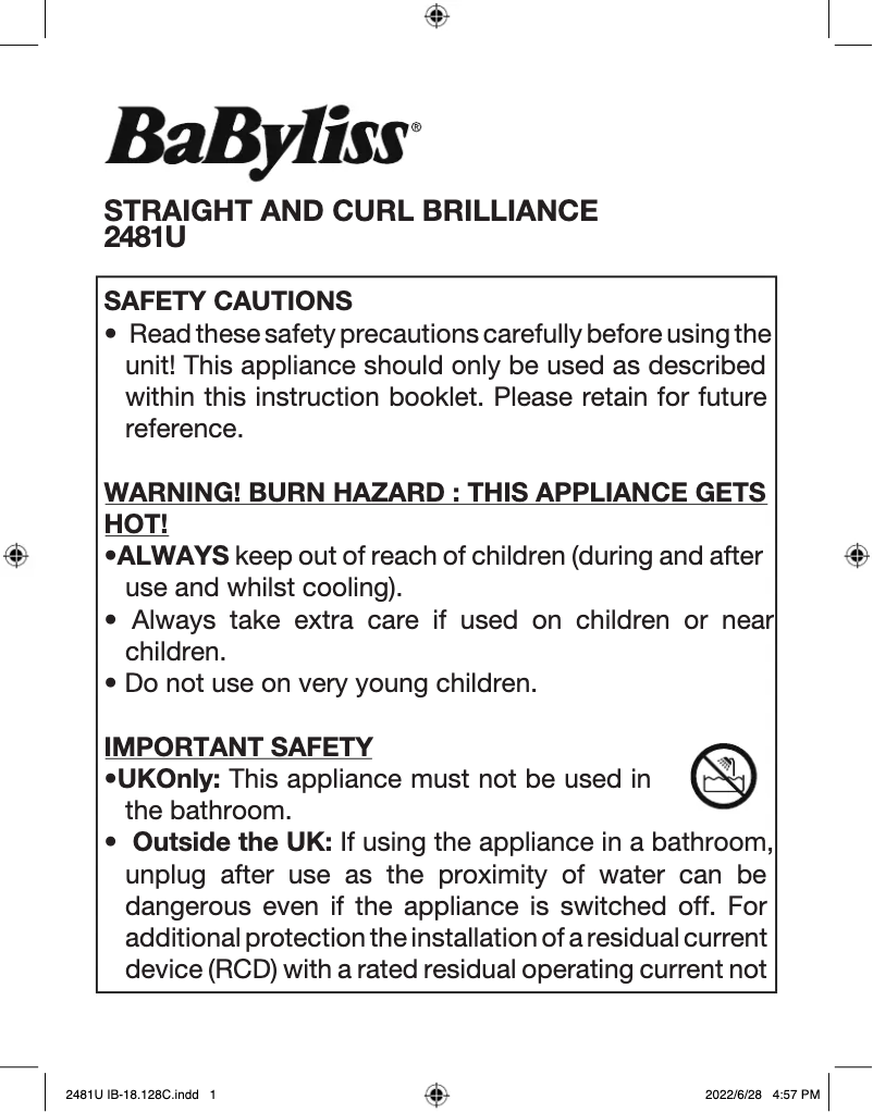 Page 1 de la notice Manuel utilisateur BaByliss Titanium Brilliance Straight & Curl 2481U