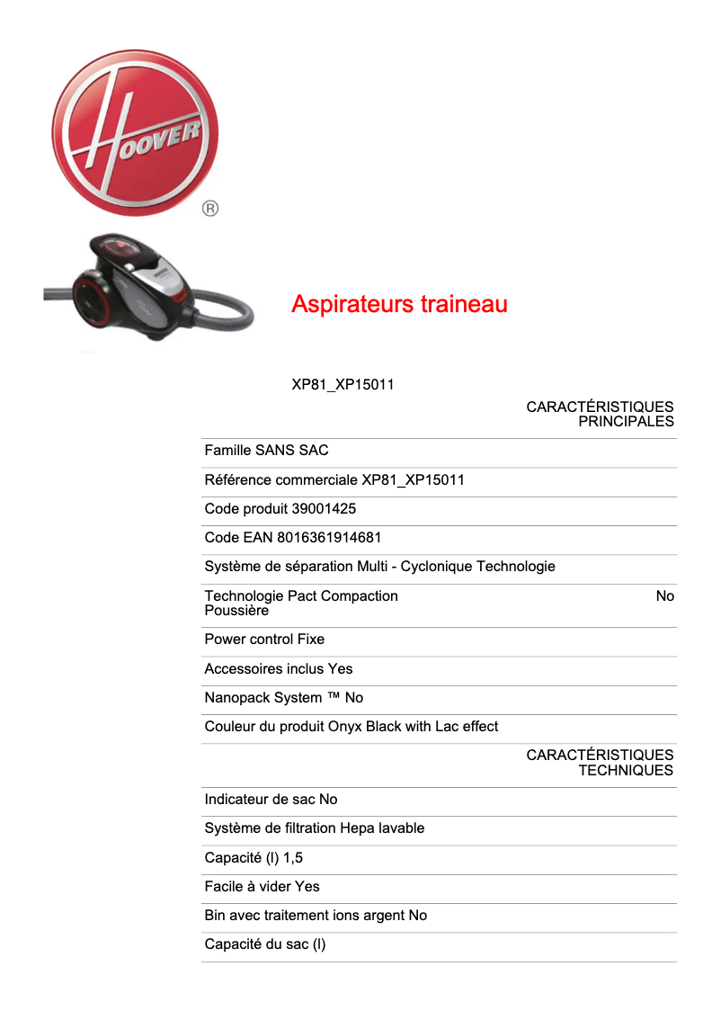 Page 1 de la notice Fiche technique Hoover XP81_XP15011