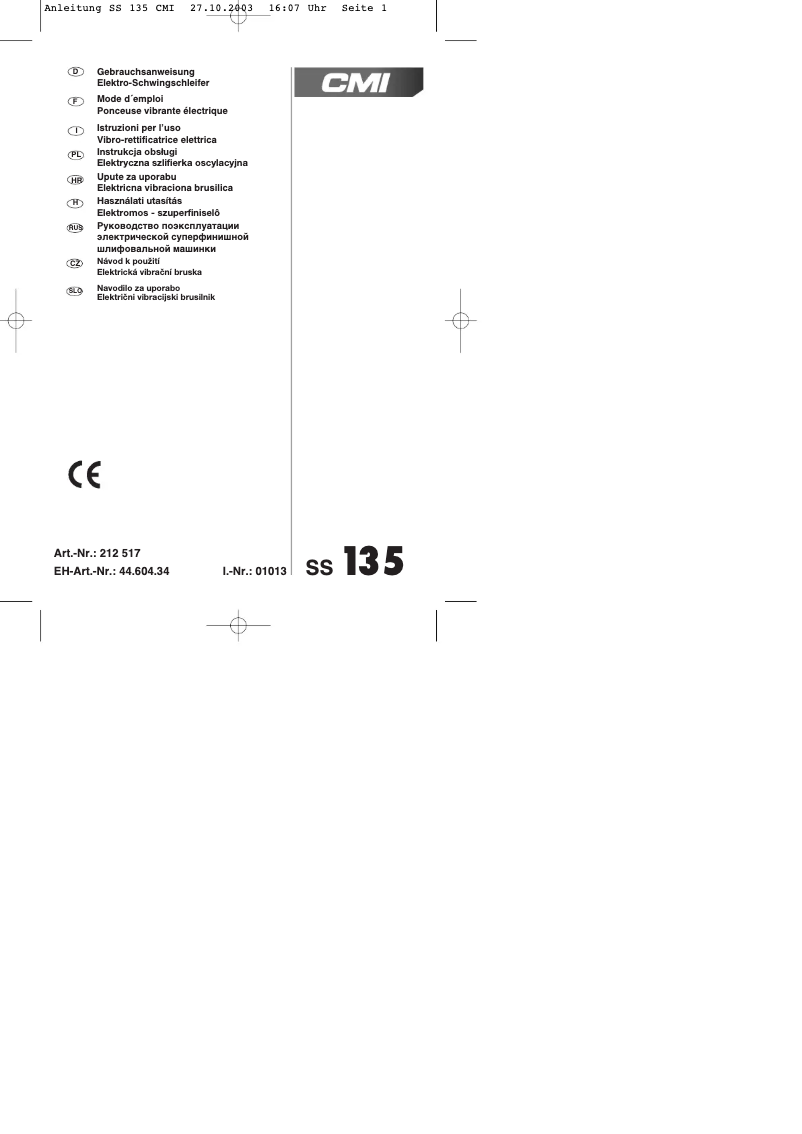 Page 1 de la notice Manuel utilisateur CMI SS 135
