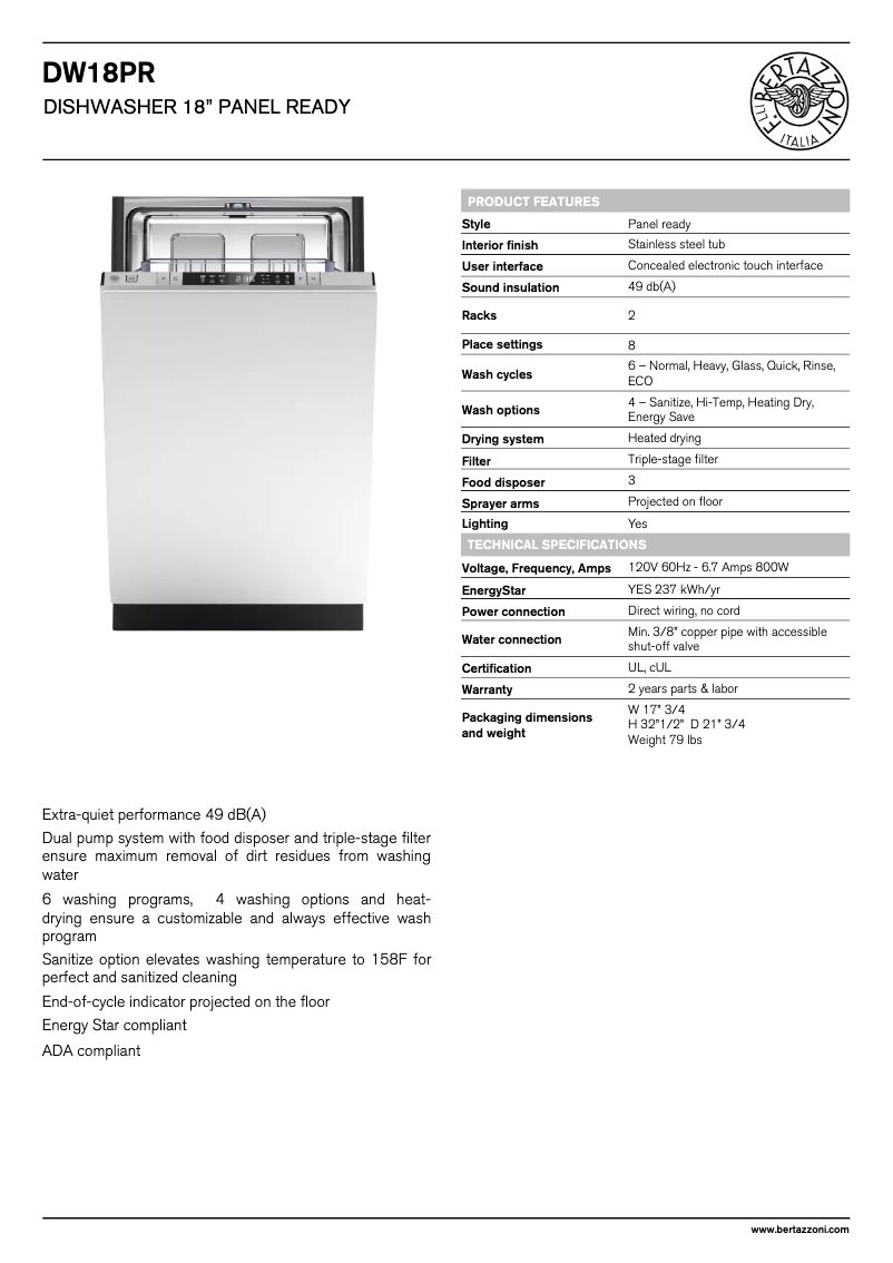 Page 1 de la notice Fiche technique Bertazzoni DW18PR