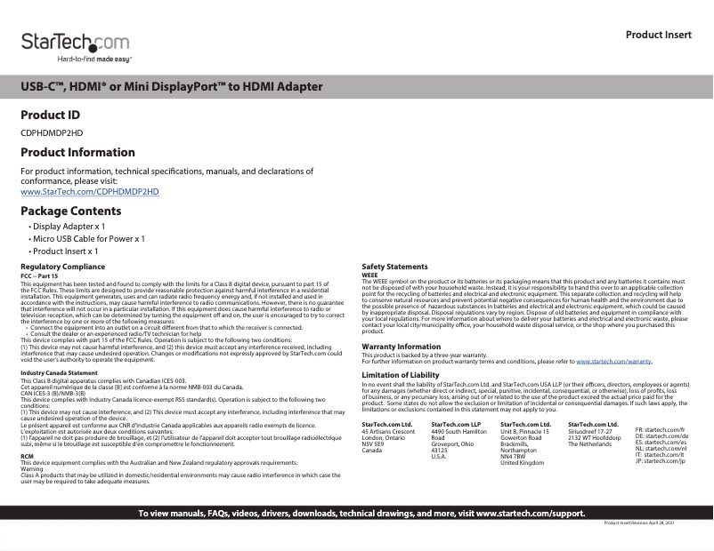 Page 1 de la notice Manuel utilisateur StarTech.com CDPHDMDP2HD