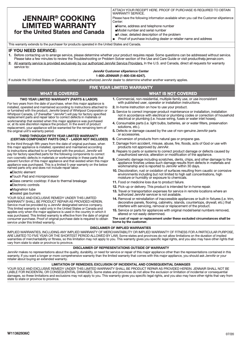 Page 1 de la notice Informations de garantie JennAir JXL6536HSS