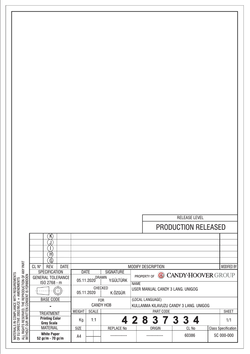 Page 1 de la notice Manuel utilisateur Candy CSG74WPW