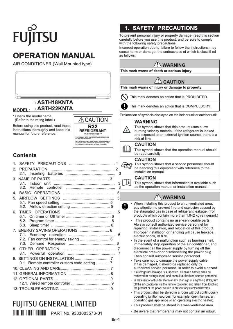 Page n°1 - Manuel utilisateur Fujitsu ASTH18KNTA